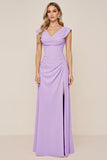 Candy Pink V-Neck Long Satin Sheath Bridesmaid Dress with Slit