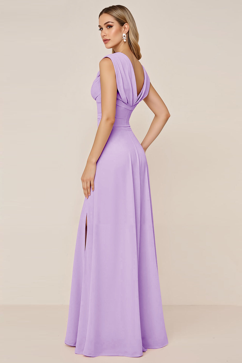 Candy Pink V-Neck Long Satin Sheath Bridesmaid Dress with Slit