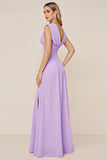 Candy Pink V-Neck Long Satin Sheath Bridesmaid Dress with Slit