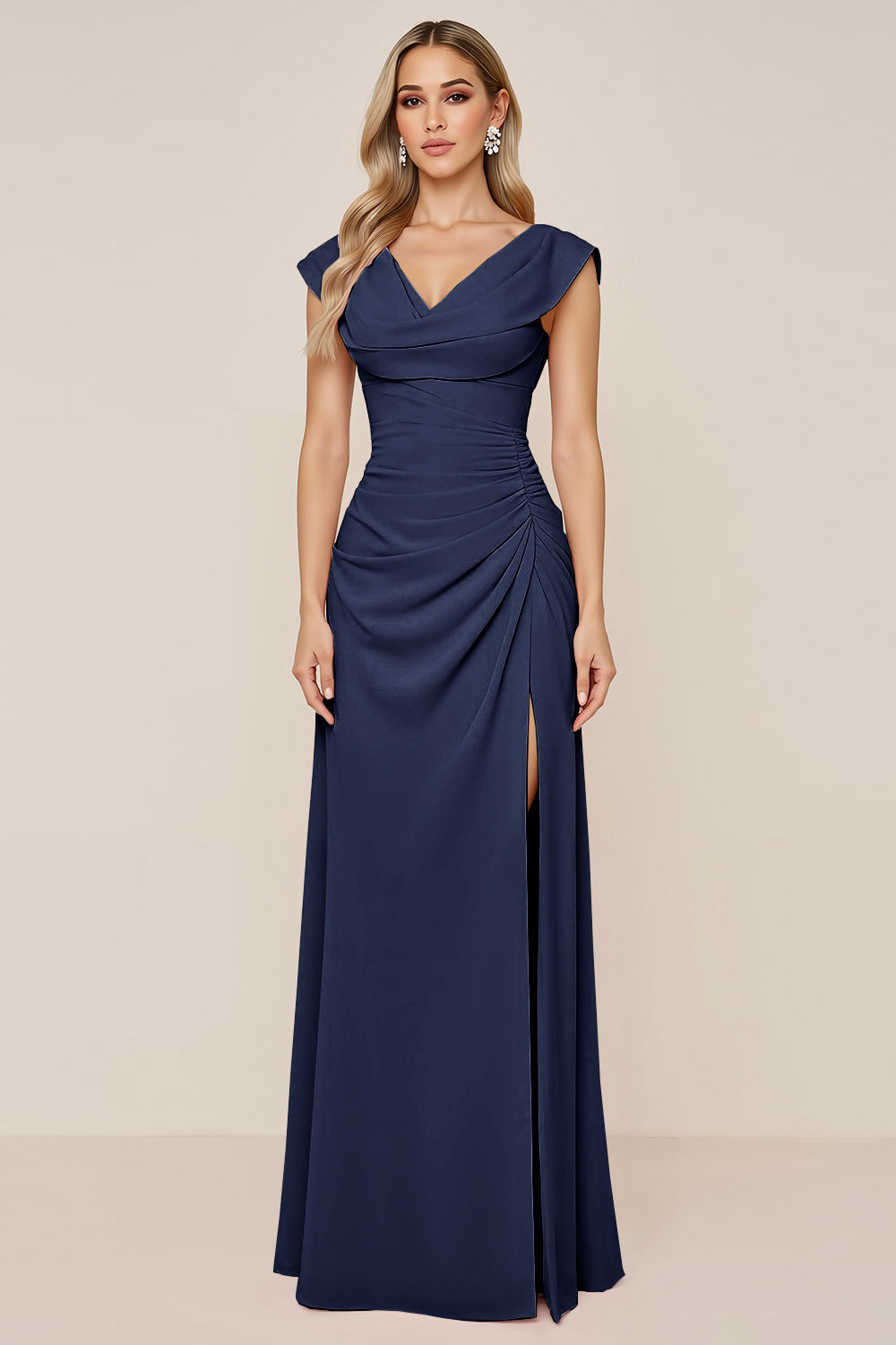 Candy Pink V-Neck Long Satin Sheath Bridesmaid Dress with Slit