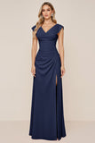 Candy Pink V-Neck Long Satin Sheath Bridesmaid Dress with Slit
