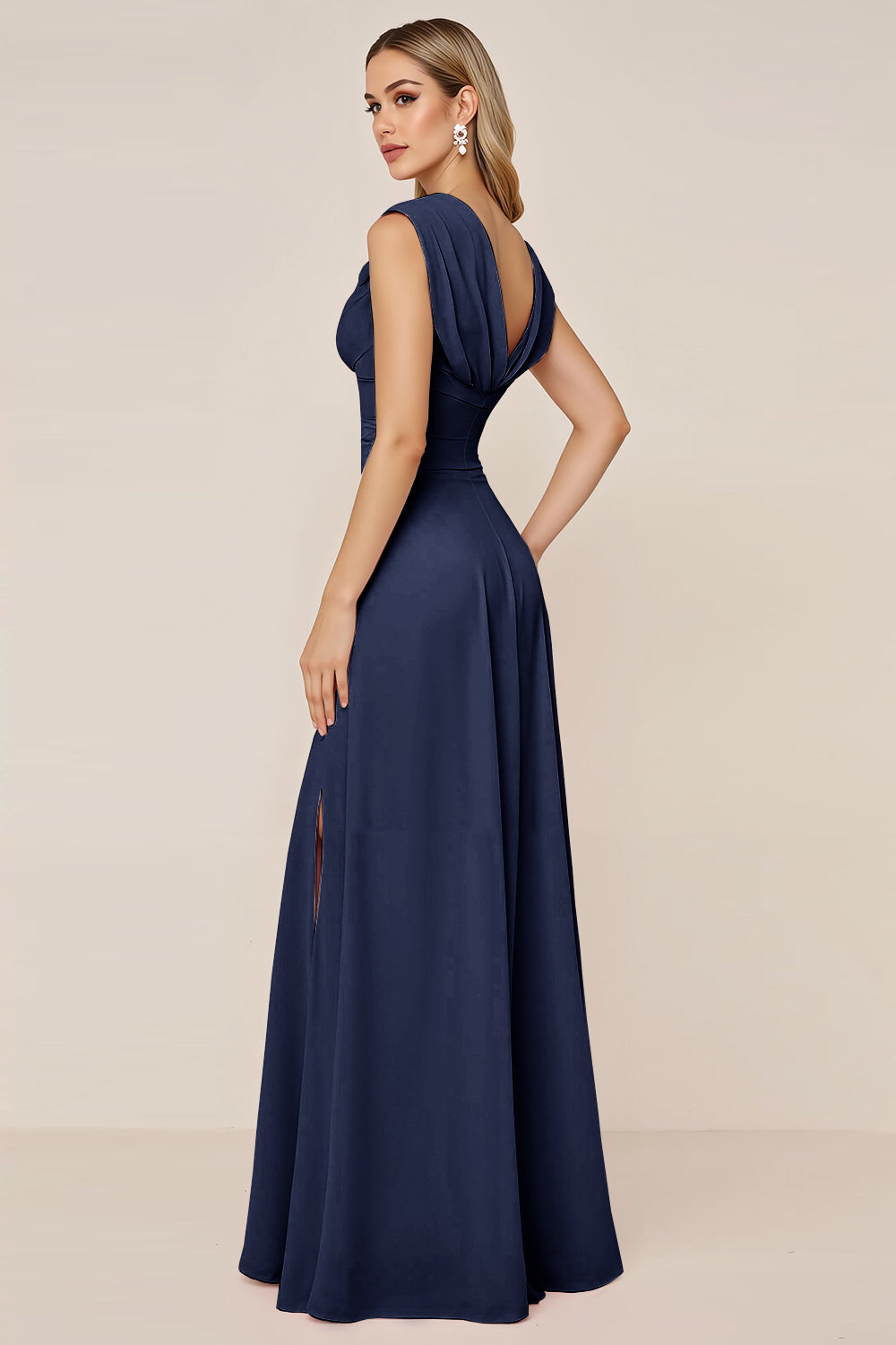 Candy Pink V-Neck Long Satin Sheath Bridesmaid Dress with Slit
