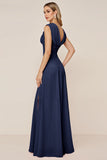 Candy Pink V-Neck Long Satin Sheath Bridesmaid Dress with Slit