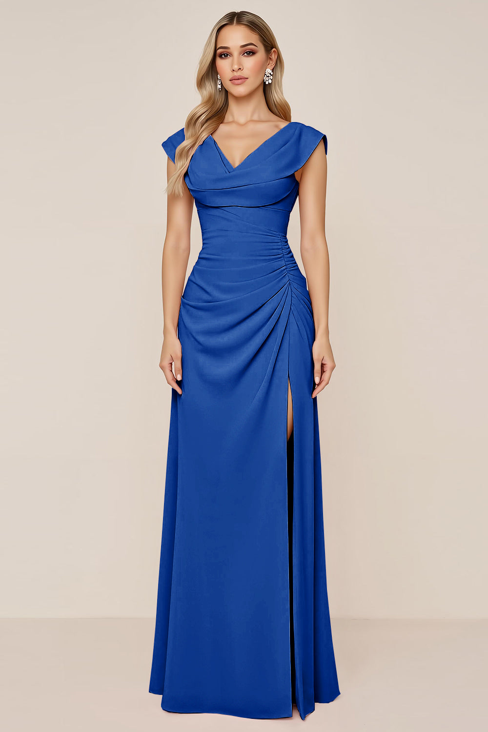 Candy Pink V-Neck Long Satin Sheath Bridesmaid Dress with Slit