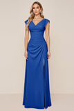 Candy Pink V-Neck Long Satin Sheath Bridesmaid Dress with Slit