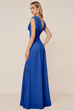 Candy Pink V-Neck Long Satin Sheath Bridesmaid Dress with Slit