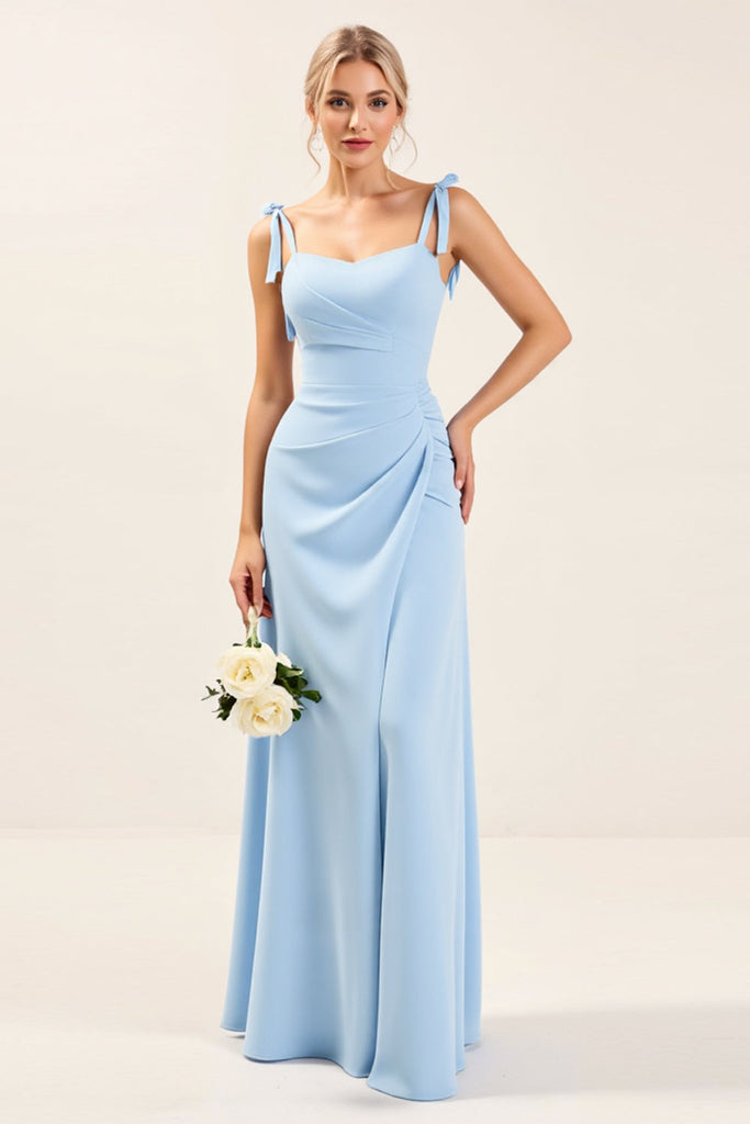 Sky Blue Pleated A Line Spaghetti Straps Maxi Bridesmaid Dress