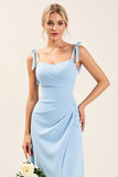 Sky Blue Sheath Long Spaghetti Straps Bridesmaid Dress With Slit