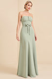 Sage Sheath Long Strapless Bridesmaid Dress with Bow