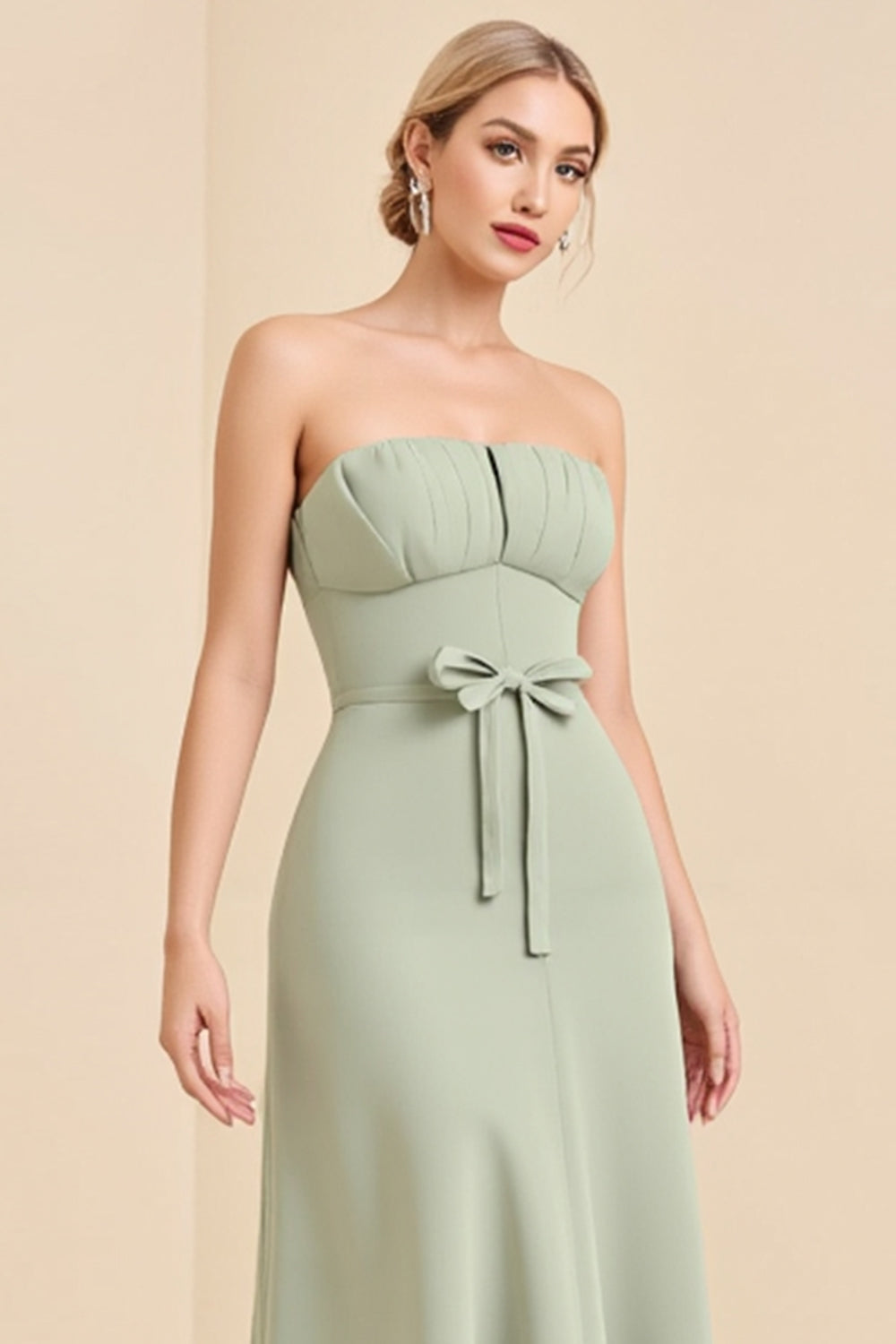 Sage Sheath Long Strapless Bridesmaid Dress with Bow