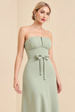 Sage Sheath Long Strapless Bridesmaid Dress with Bow