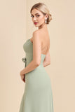 Sage Sheath Long Strapless Bridesmaid Dress with Bow