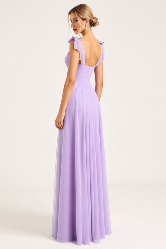 Lilac A Line Spaghetti Straps Long Bridesmaid Dress with Slit