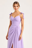 Lilac A Line Spaghetti Straps Long Bridesmaid Dress with Slit