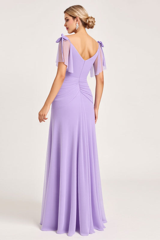 Lilac Maxi Sheath Spaghetti Straps Bridesmaid Dress with Slit