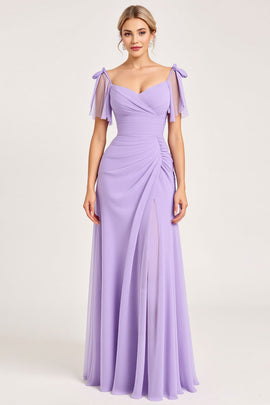 Lilac Maxi Sheath Spaghetti Straps Bridesmaid Dress with Slit