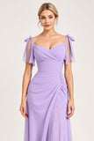 Lilac Maxi Sheath Spaghetti Straps Bridesmaid Dress with Slit