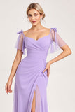Lilac Maxi Sheath Spaghetti Straps Bridesmaid Dress with Slit