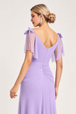Lilac Maxi Sheath Spaghetti Straps Bridesmaid Dress with Slit