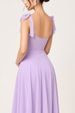 Simple Lilac Sheath Square Neck Maxi Bridesmaid Dress with Slit