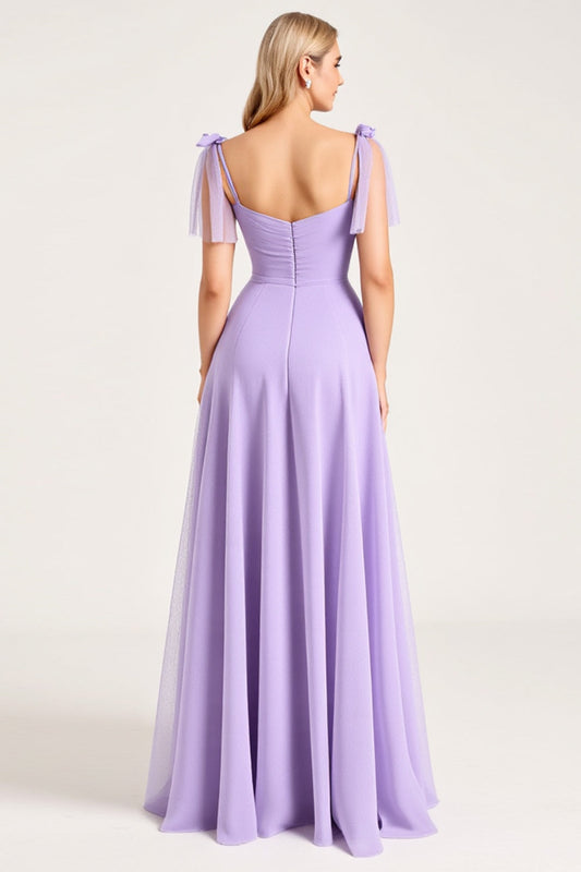 Lilac Spaghetti Straps A Line Long Bridesmaid Dress with Ruffles