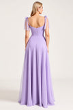 Lilac Spaghetti Straps A Line Long Bridesmaid Dress with Ruffles
