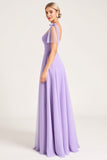 Lilac Spaghetti Straps A Line Long Bridesmaid Dress with Ruffles