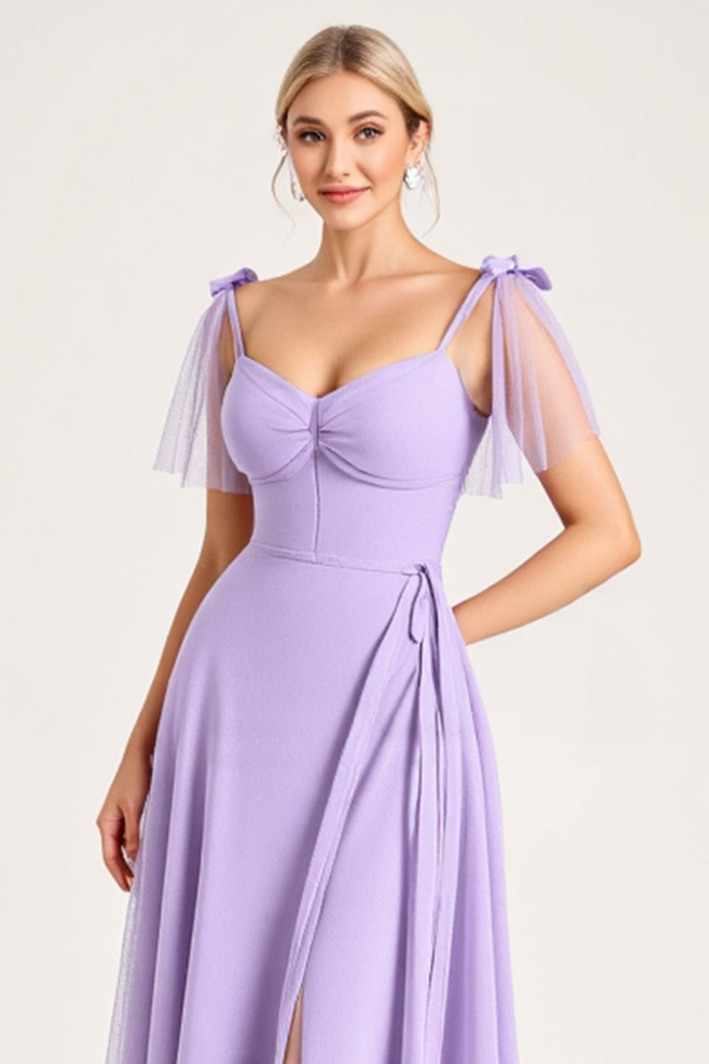 Lilac Spaghetti Straps A Line Long Bridesmaid Dress with Ruffles