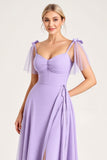Lilac Spaghetti Straps A Line Long Bridesmaid Dress with Ruffles