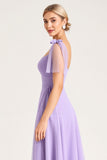 Lilac Spaghetti Straps A Line Long Bridesmaid Dress with Ruffles