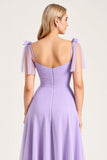 Lilac Spaghetti Straps A Line Long Bridesmaid Dress with Ruffles