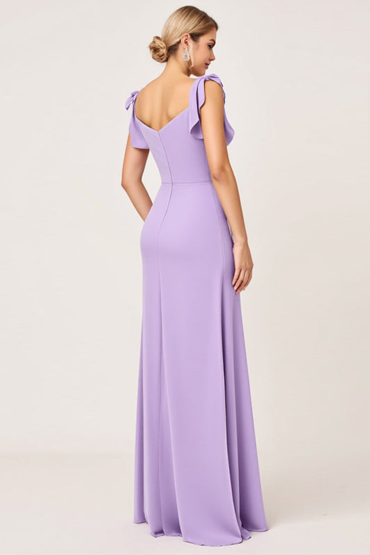 Lilac Sheath Maxi V Neck Long Bridesmaid Dress with Ruffles