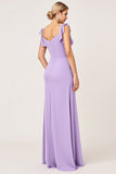 Lilac Sheath Maxi V Neck Long Bridesmaid Dress with Ruffles