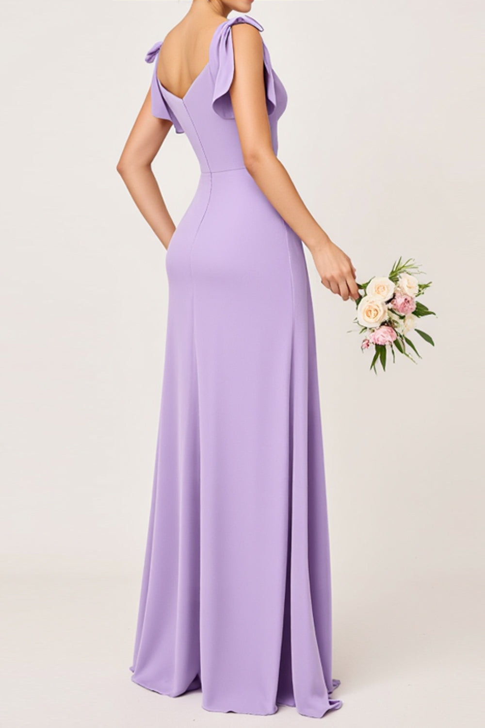 Lilac Sheath Maxi V Neck Long Bridesmaid Dress with Ruffles
