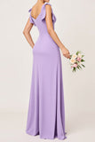 Lilac Sheath Maxi V Neck Long Bridesmaid Dress with Ruffles