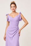 Lilac Sheath Maxi V Neck Long Bridesmaid Dress with Ruffles