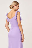 Lilac Sheath Maxi V Neck Long Bridesmaid Dress with Ruffles