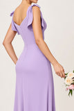 Lilac Sheath Maxi V Neck Long Bridesmaid Dress with Ruffles