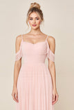 A Line Blush Pink Cold Shoulder Maxi Long Bridesmaid Dress