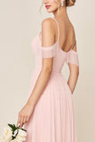 A Line Blush Pink Cold Shoulder Maxi Long Bridesmaid Dress