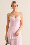 Candy Pink A Line Spaghetti Straps Long Tiered Bridesmaid Dress