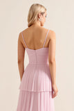 Candy Pink A Line Spaghetti Straps Long Tiered Bridesmaid Dress