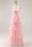 Candy Pink Tiered Spaghetti Straps A Line Long Bridesmaid Dress