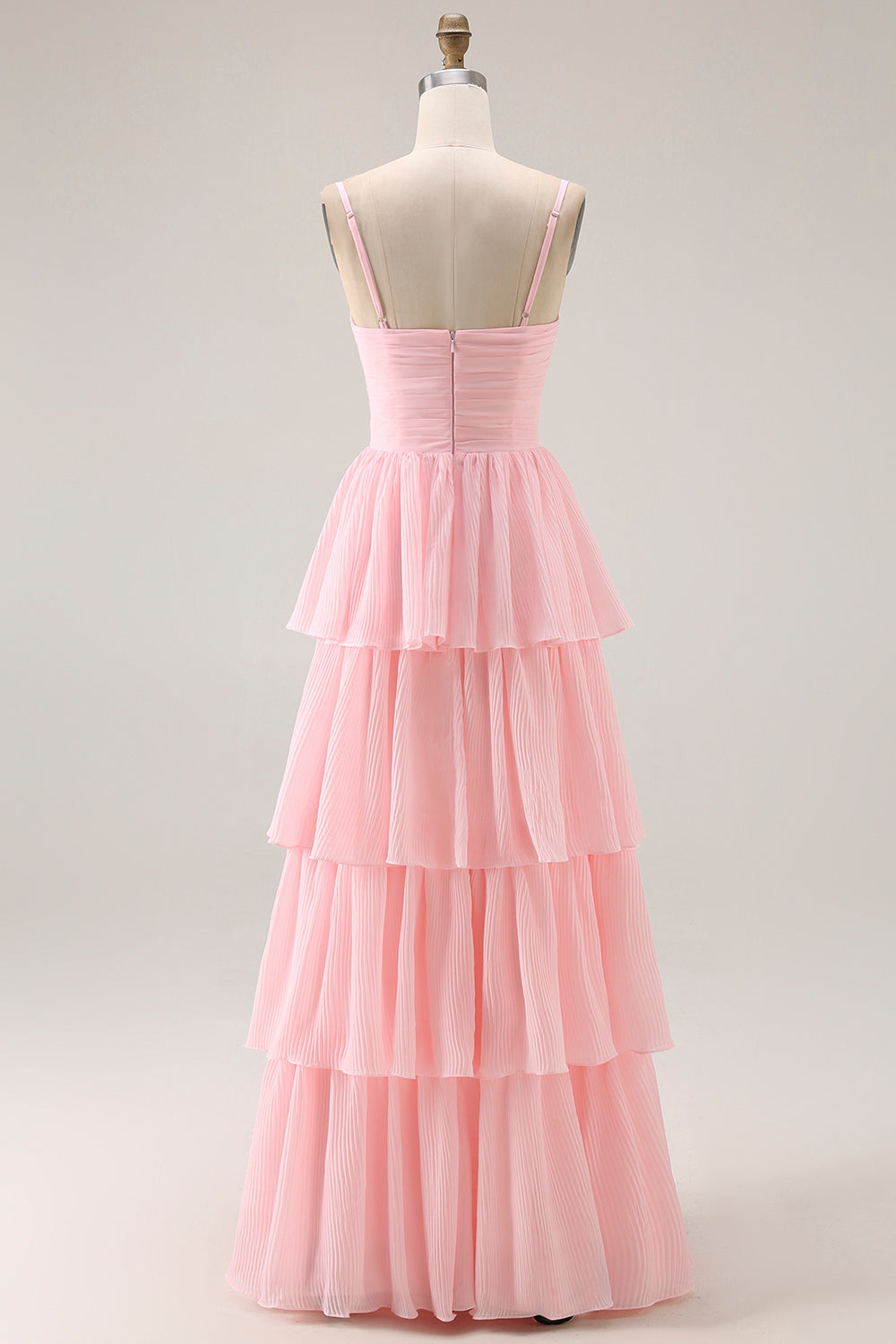 Candy Pink Tiered Spaghetti Straps A Line Long Bridesmaid Dress