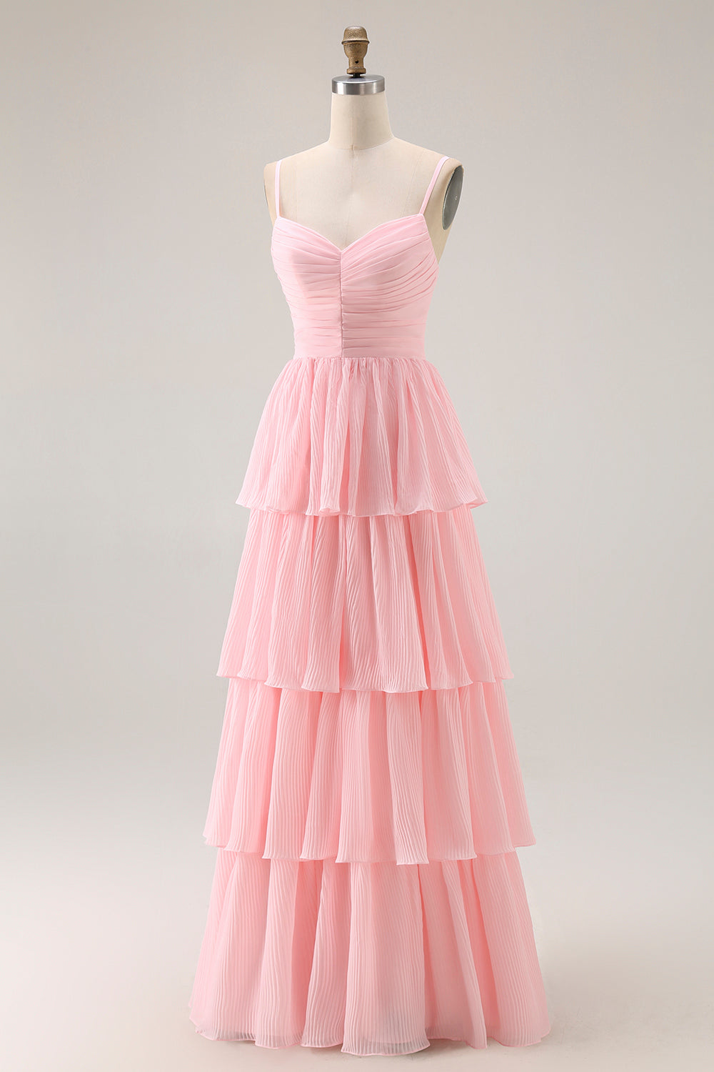 Candy Pink Tiered Spaghetti Straps A Line Long Bridesmaid Dress