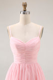 Candy Pink Tiered Spaghetti Straps A Line Long Bridesmaid Dress