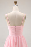 Candy Pink Tiered Spaghetti Straps A Line Long Bridesmaid Dress
