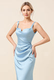 Sky Blue Satin Sheath Maxi Long Backless Bridesmaid Dress