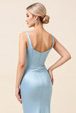 Sky Blue Satin Sheath Maxi Long Backless Bridesmaid Dress