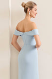 Sky Blue Satin Off the Shoulder Sheath Long Bridesmaid Dress